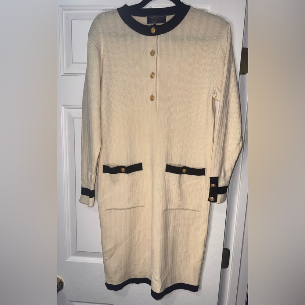 Vintage Brooks Brothers Cream and Black Merino Wool Sweater Dress